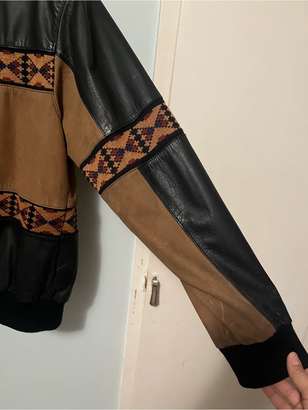 Vintage 90’s Black & Tan Leather Bomber Jacket with Southwestern Pattern - Picture 3 of 10